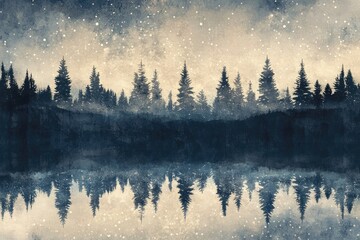 Silhouette of a pine forest reflected in a still lake under a starry night sky.