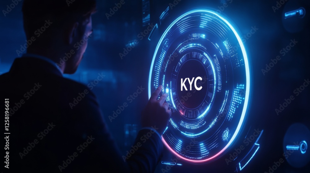 Poster a person interacts with a futuristic digital interface displaying 