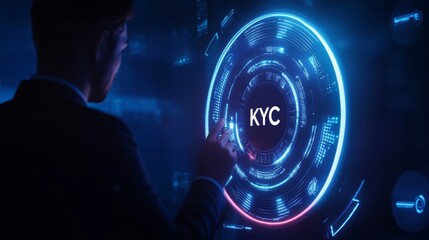 A person interacts with a futuristic digital interface displaying "KYC," surrounded by glowing blue and red elements.