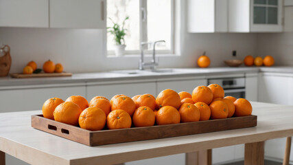 Oranges on a wooden tray in a bright kitchen