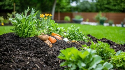Improve and preparation of  soil. Lush garden bed with vegetables and herbs thriving in dark soil.
