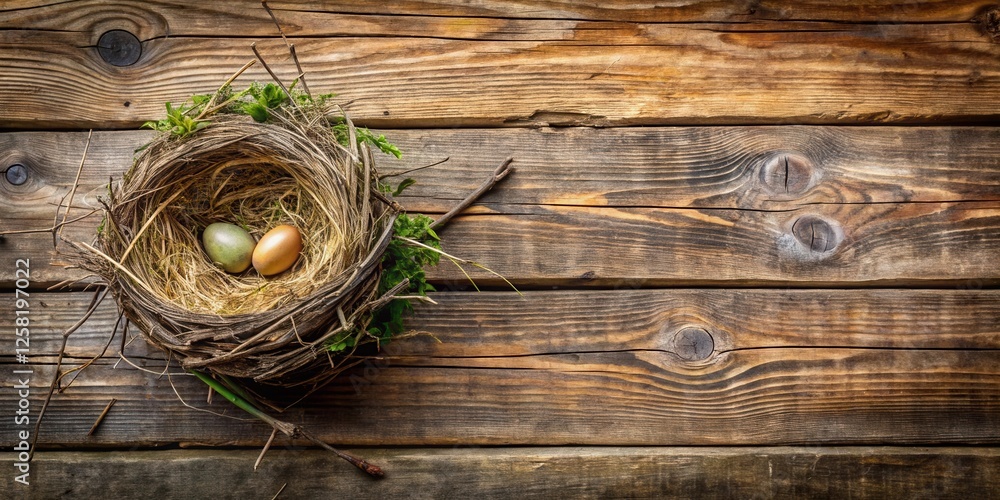 Poster a rustic wooden background with a bird's nest containing two eggs, showcasing the beauty of nature's