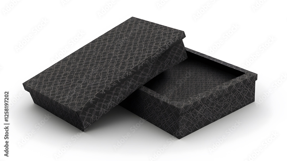 Poster a sleek black box with a textured surface, partially open to reveal an empty interior, showcasing mi
