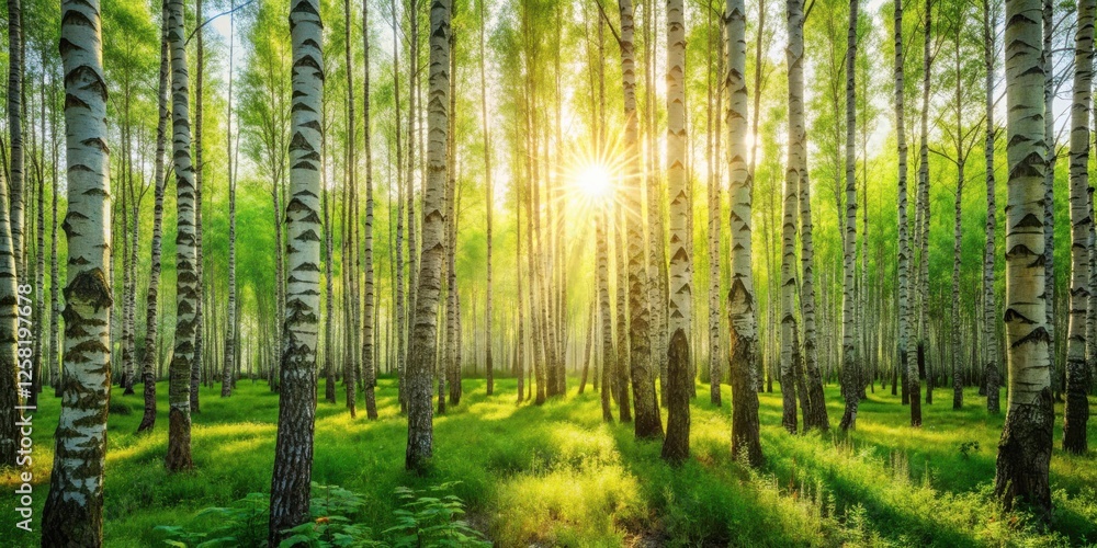 Poster Sunlight streams through a grove of birch trees, casting a dappled light on the verdant forest floor.