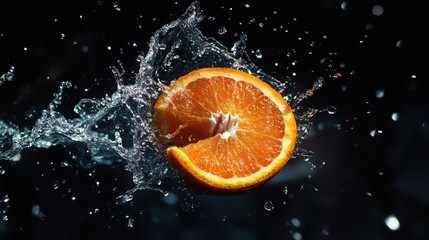 A juicy orange cut in half, mid-air with refreshing water splashes surrounding it.