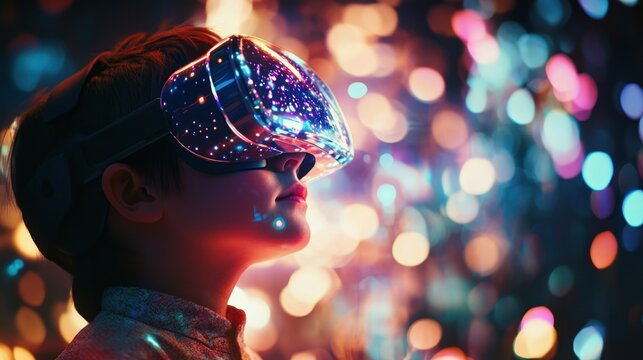A boy with a futuristic VR headset gazes into a vibrant galaxy of colors, exploring the limitless possibilities of virtual reality technology.
