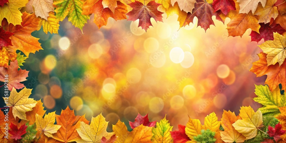 Poster Autumn leaves frame a bright bokeh background, creating a warm and inviting atmosphere.