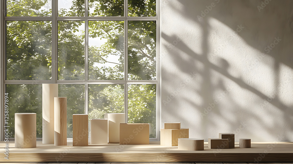 Poster a serene indoor scene with wooden blocks arranged creatively on a table, illuminated by natural ligh