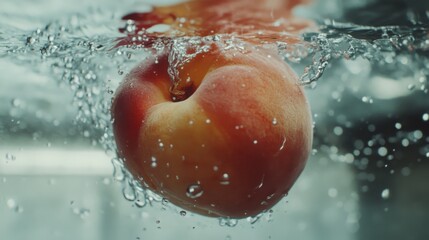 A juicy peach sinking into water, with droplets suspended in mid-air around it.