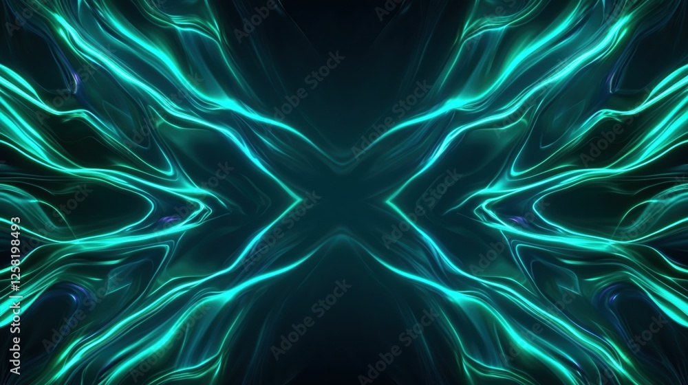 Poster symmetrical glowing teal lines converging toward the center, creating an abstract, energetic pattern