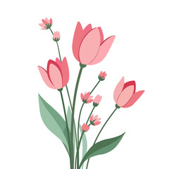 Flower spring bouquet, tulips and branches of flowers: vector illustration in pastel colors for decor and creativity.