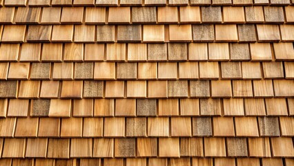 A Close-up Shot of a Wall Covered in Wooden Shingles with an Overlapping Pattern and a Natural Wood Grain