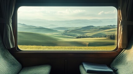 Fototapeta premium A breathtaking view of rolling green hills and distant mountains seen through a train window, capturing a serene moment during travel in nature.