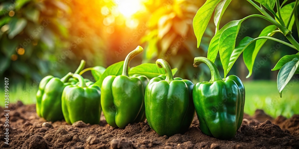 Wall mural Lush Green Bell Peppers Growing in Home Garden - Organic Vegetables