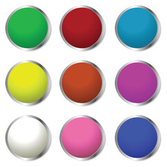Vector illustration of nine colorful circles with shiny effect and silver frame 