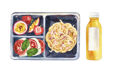 Set of watercolor hand painted Italian food delivery packaging sketch illustration on white background. DIY elements for bar menu, social media, ads and posters