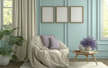 Relaxing armchair in pastel room, plants, sunlight. Interior design mock-up