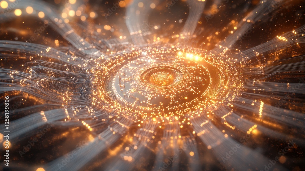Poster a close-up of a quantum computer chip surrounded by fiber optic cables highlighting the intricate ci