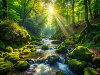 Obraz premium Lush Green Forest Stream: Daring Aerial View of Cascading Water