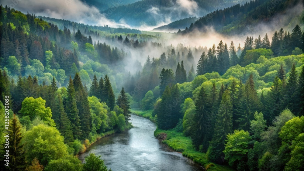 Poster a winding river snakes through a misty forest, the early morning light illuminating the lush canopy 