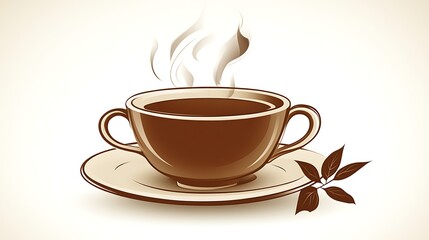Obraz premium A steaming cup of coffee rests on a saucer with leaves