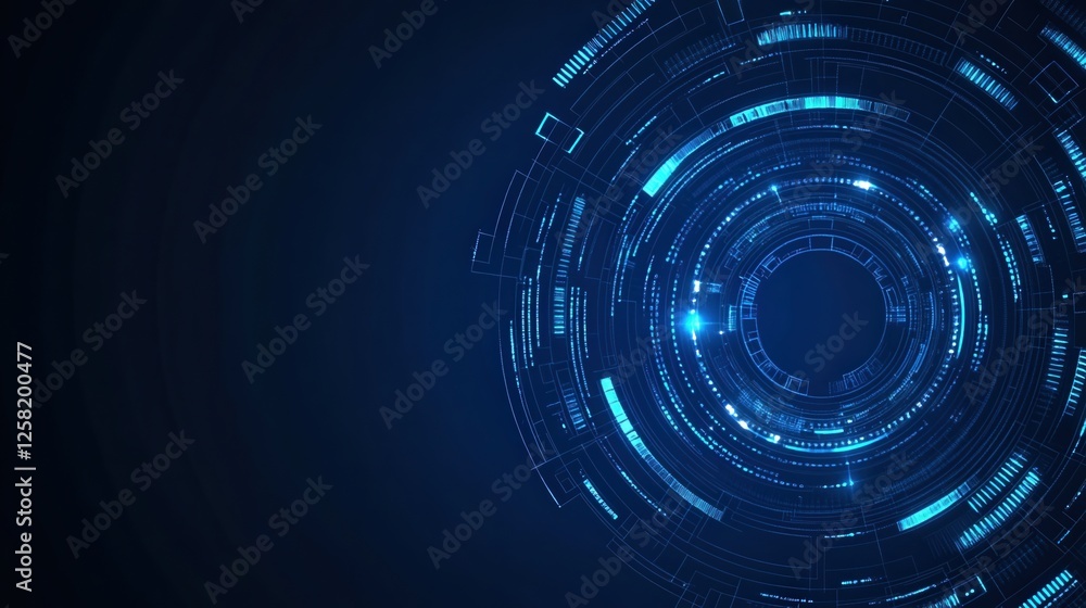 Poster abstract blue digital technology interface with circular patterns on a dark background.