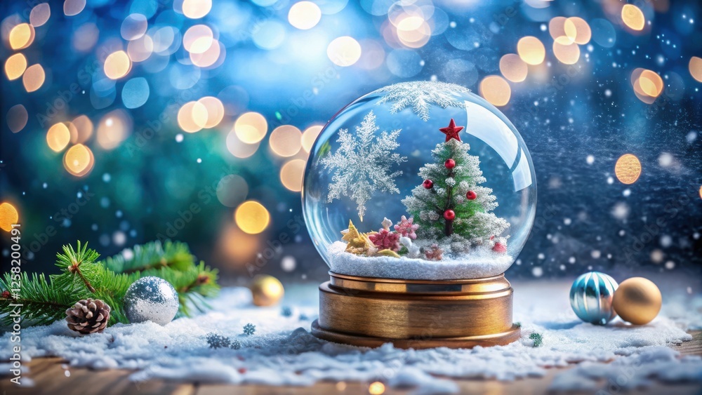 Poster a christmas snow globe with a miniature evergreen tree, nestled in snow with shimmering lights in th