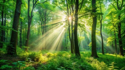 Obraz premium Sunlight Filtering Through Dense Forest Canopy, Illuminating a Lush Understory of Ferns and Green Vegetation