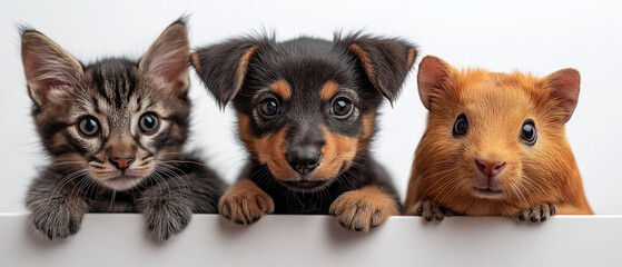 Adorable Animal Trio: A kitten, puppy, and guinea pig peek over the edge of a surface with big, curious eyes, capturing the innocent charm and playful nature of these beloved pets. 