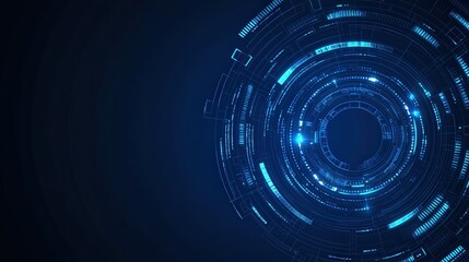 Obraz premium Abstract blue digital technology interface with circular patterns on a dark background.