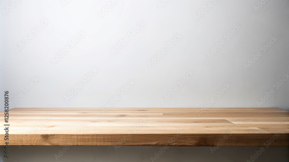 Fototapete a rustic wooden shelf set against a backdrop of a smooth white wall, offering a minimalist yet invit