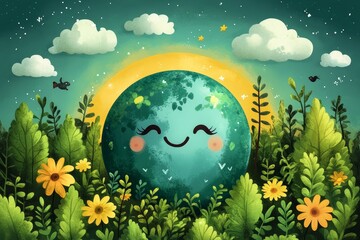 Cute cartoon-style illustration of the Earth with a happy face