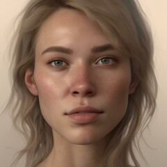 Naklejka premium A highly detailed, hyper-realistic close-up portrait of an AI-generated human face. This digital artwork features lifelike skin textures, expressive eyes, and natural lighting.