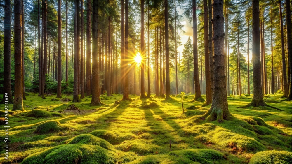 Poster sunlight streams through the dense canopy of a verdant forest, illuminating the mossy forest floor