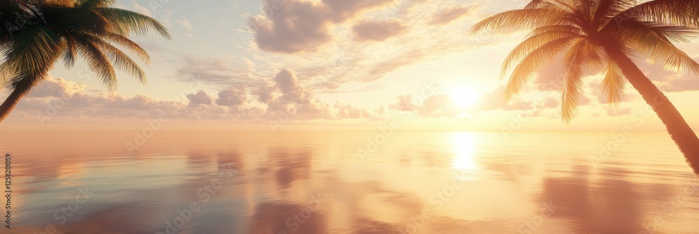 Aufkleber beautiful sunset over a tranquil ocean with palm trees framing the view on a peaceful evening. gener