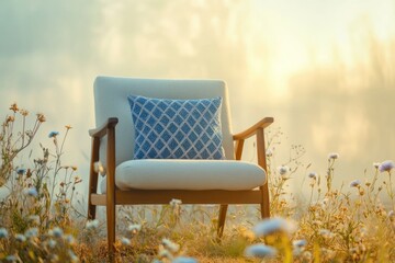 Serene armchair in a sunlit meadow, wildflowers surrounding it, peaceful and tranquil atmosphere.