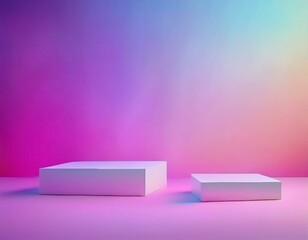 Abstract surreal scene - empty stage with two rectangle white podiums lying on pastel pink neon holographic colored background. Pedestal for cosmetic product packaging mockups display presentation.