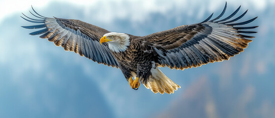 Obraz premium Majestic Bald Eagle in Flight: A breathtaking image of a bald eagle soaring through the vast sky, its powerful wings outstretched, showcasing its majestic presence and unparalleled freedom. 