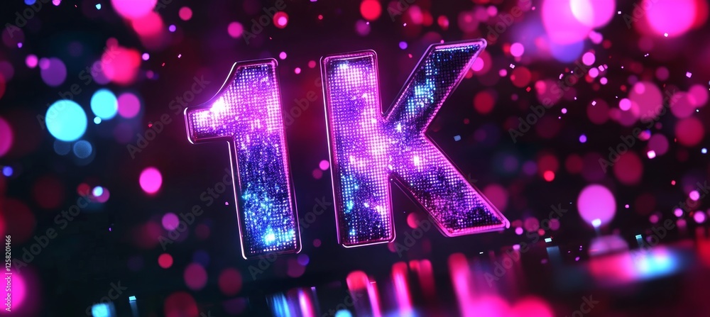 Poster celebrating 1k 3d rendering of glowing numbers on a vibrant, multicolored bokeh background