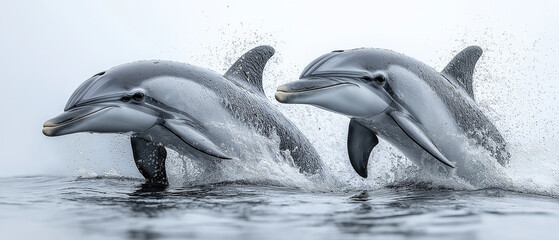 Obraz premium Dolphins Leap: Two playful dolphins leap from the ocean's surface, creating a dynamic splash of water. Their sleek, gray bodies glisten in the sunlight, exhibiting playful energy.