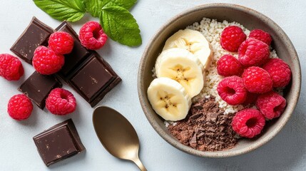 Delicious breakfast bowl with raspberries, bananas, dark chocolate, and couscous.