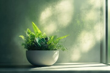 A succulent and ferns in a white bowl, bathed in soft sunlight near a window.