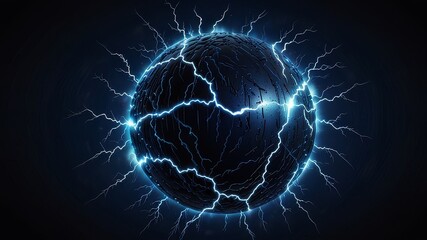 Naklejka premium Spectacular thunder and lightning surround blue electric ball. Power energy sphere surrounded electrical lightnings vector background 
