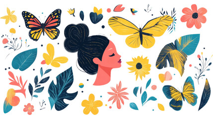 Floral Butterflies and Woman Profile Art