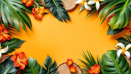 Tropical Flowers and Green Leaves Frame on Bright Yellow Background