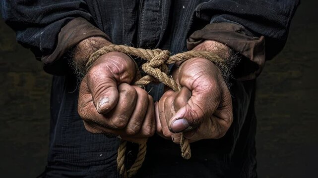 Slave's hands tied with rope close-up. Concept of slavery, lack of freedom. Prisoner in shackles black background. Poor man struggle. Fighting slavery, people oppression. Human rights.