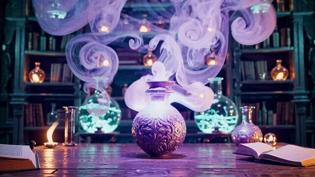 A mystical laboratory with glowing potion bottles and smoke, captured from a low angle. The video evokes a magical, enchanting atmosphere.