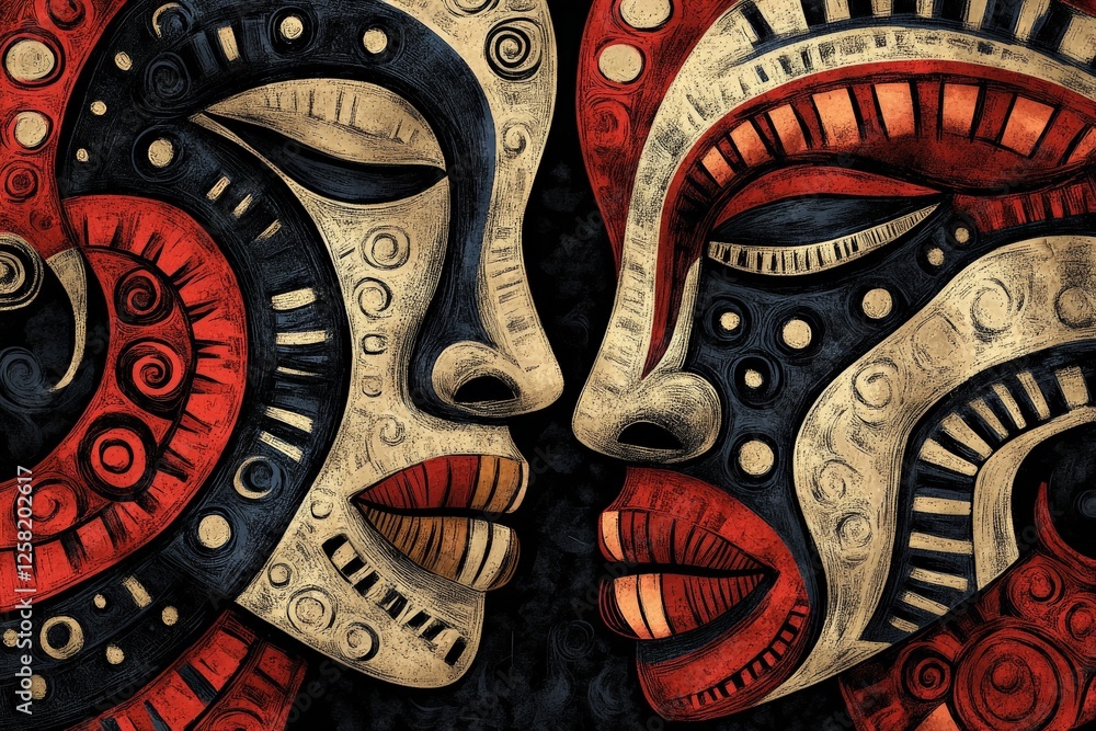 Poster unity depicted through two intricately designed faces showcasing cultural artistry and emotion