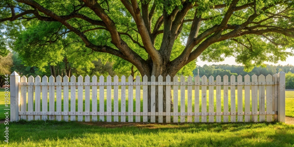 Poster a white picket fence frames a towering tree with lush green leaves and a vast expanse of vibrant gre