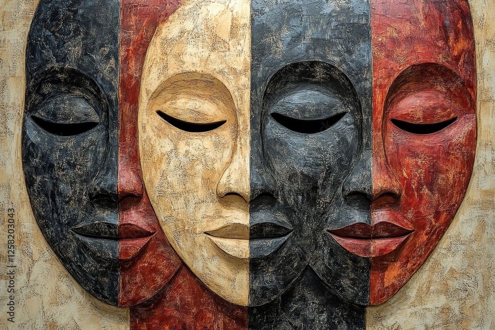Poster colorful abstract wall art displaying four stylized faces representing diversity and unity in a crea